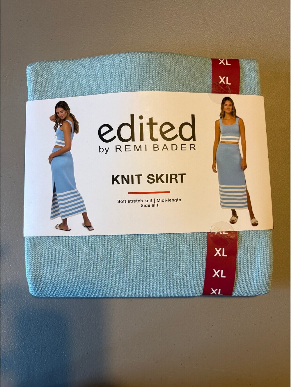 edited by Remi Bader Light Blue Knit Midi Skirt with Side Slit, Size XL